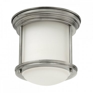 flush ceiling light with opal glass and antique nickel frame