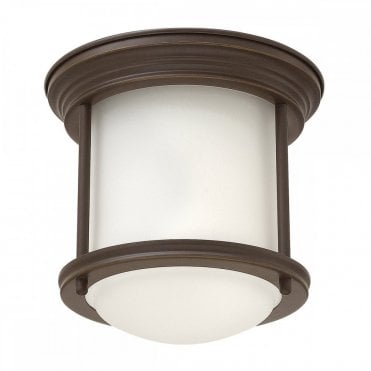 flush ceiling light with opal glass and oil rubbed bronze frame
