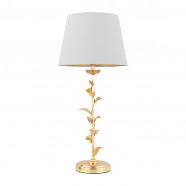 distressed gold leaf table lamp with cream tapered drum shade
