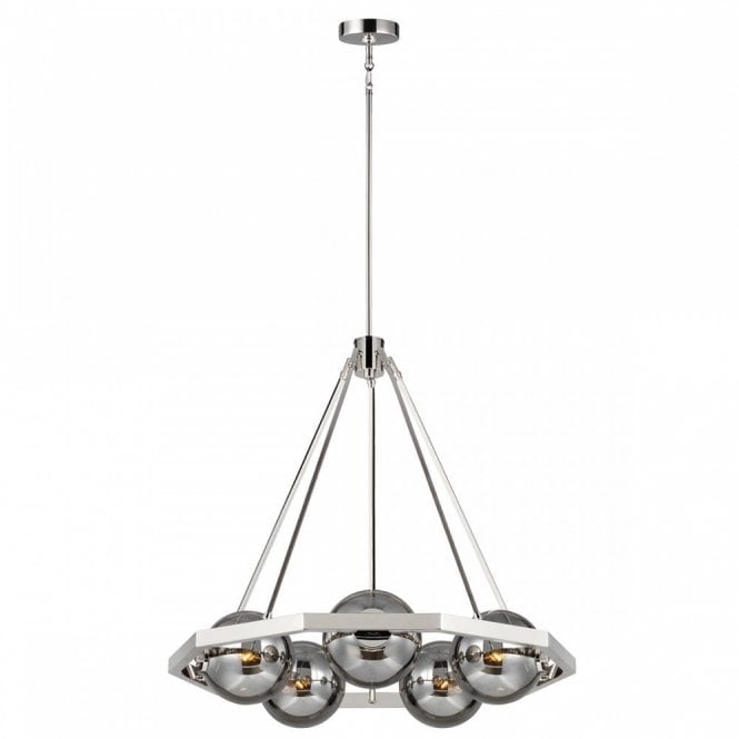 HARPER 5 Light Ceiling Chandelier Polished Nickel Smoked Glass Globes