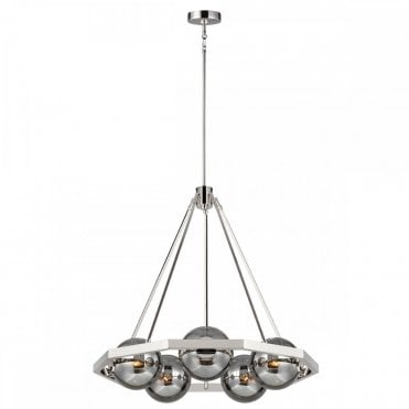 5 light cluster chandelier in polished nickel and smoked glass