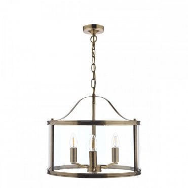 3 Light Pendant Antique Brass Glass