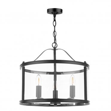 matt black and glass lantern style ceiling pendant