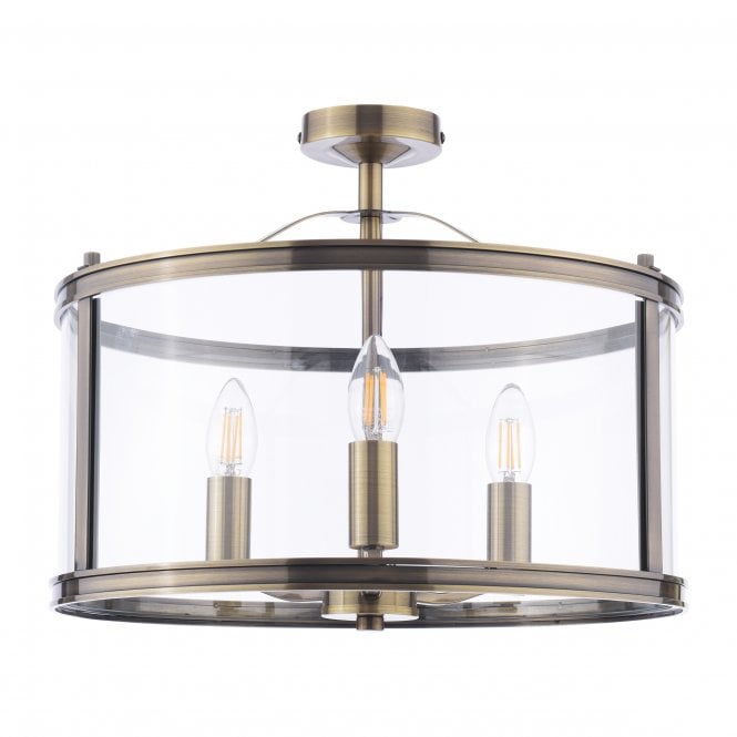 Harrington 3 Light Semi-Flush Ceiling Light in Antique Brass & Glass