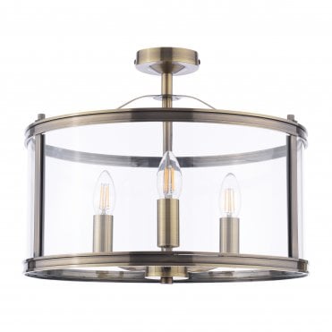 antique brass and glass 3 light lantern style semi-flush ceiling light