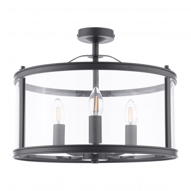 Harrington 3 Light Semi-Flush Ceiling Light in Matt Black & Glass