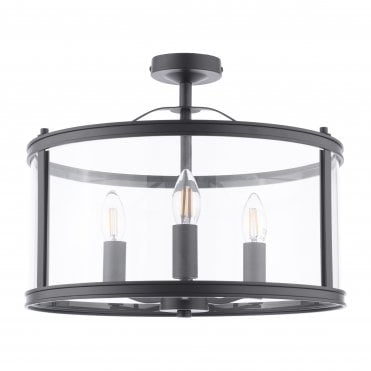matt black and glass lantern style semi-flush ceiling light