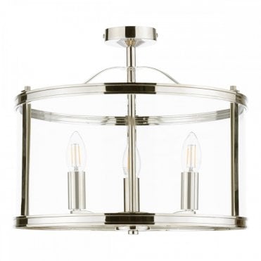nickel semi-flush ceiling light in lantern style