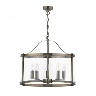 5 Light Pendant Antique Brass & Glass