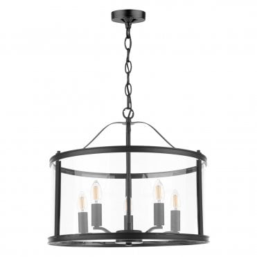 matt black and glass lantern style ceiling pendant