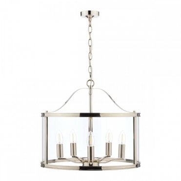 5 Light Pendant Polished Nickel Glass
