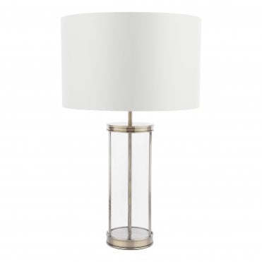 large brass cage table lamp with glass and large ivory white faux silk drum shade