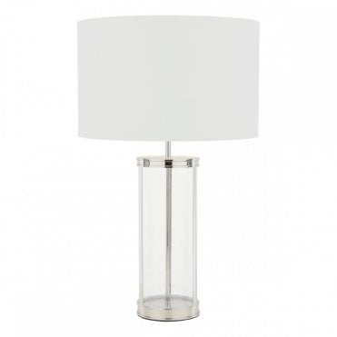 large nickel and glass table lamp with large linen white drum shade