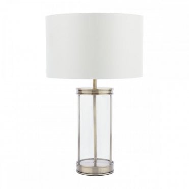 brass cage and glass table lamp with white drum shade