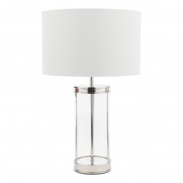 nickel cage table lamp with glass and white drum shade