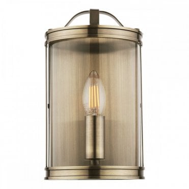 brass lantern wall light with curved glass frontage