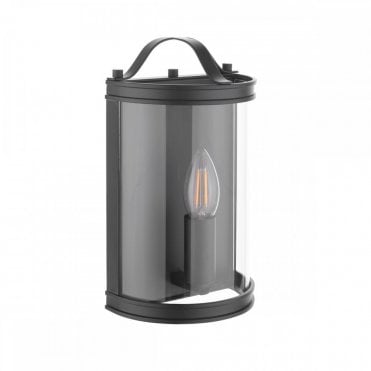 modern matt black wall light in lantern style with curved glass frontage