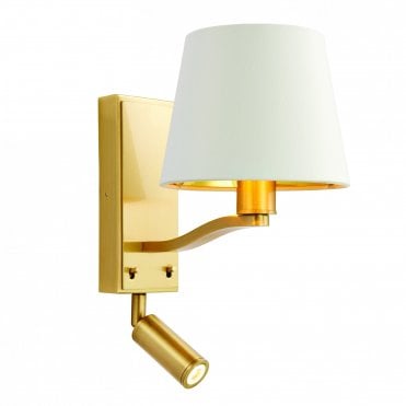 HARVEY 1 Light Wall Light & Spot & 3W Satin Brushed Gold Finish & Vintage White Faux Silk