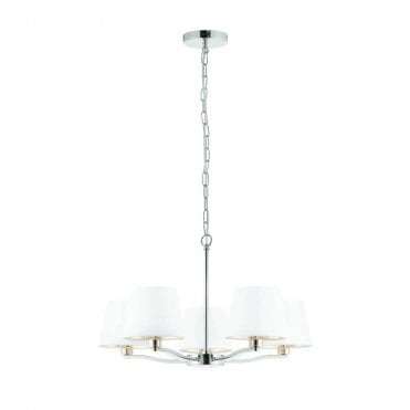 HARVEY 5 Light Ceiling Pendant Polished Nickel & Vintage White Faux Silk Shades