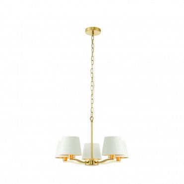 HARVEY 5 Light Ceiling Pendant Satin Gold & Vintage White Faux Silk Shades