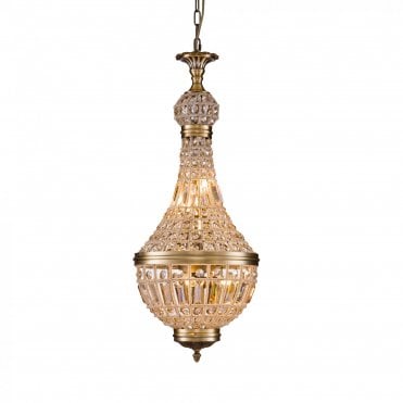 HAVERSHAM Pendant 6 Light Antique Brass Crystal Beaded Frame with K9 Faceted Crystals