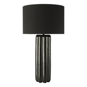 black ceramic table lamp with black linen drum shade