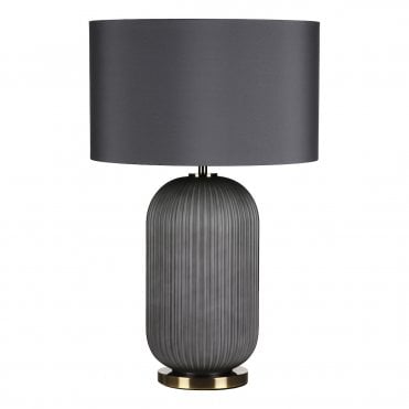 black ribbed glass table lamp with matching black drum shade