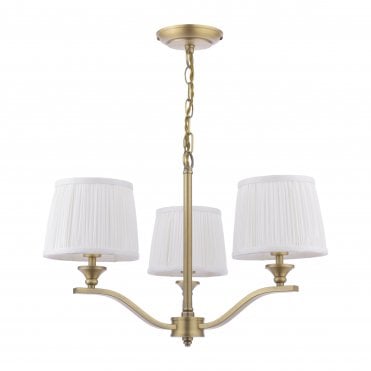 matt antique brass 3 armed pendant with ivory pleated silk shades