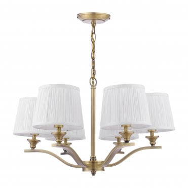 matt antique brass 6 armed pendant with ivory silk pleated shades