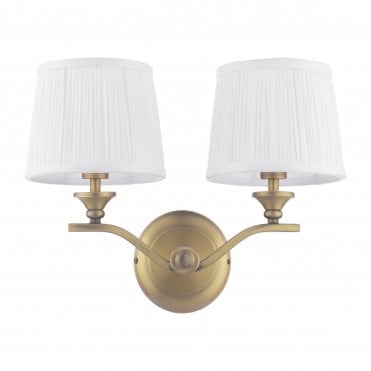 matt antique brass double wall light with ivory pleated silk shades