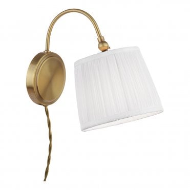 matt antique brass plug-in wall light with ivory pleated silk shade