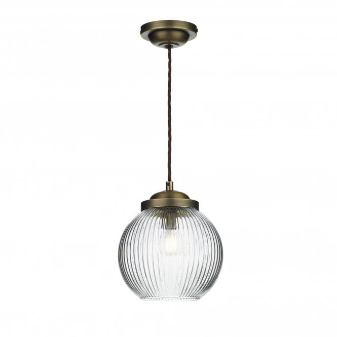 HENLEY Ceiling Pendant in Antique brass with Spherical Globe Ribbed Glass Shade