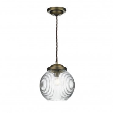 HENLEY Ceiling Pendant in Antique brass with Spherical Globe Ribbed Glass Shade