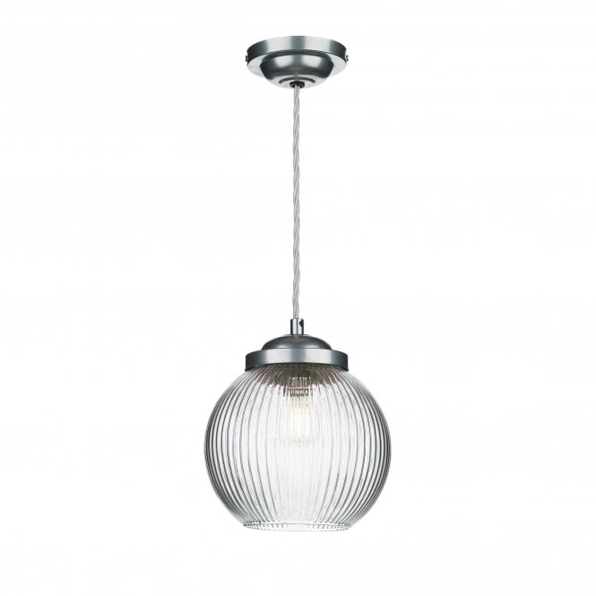 HENLEY Ceiling Pendant in Satin Chrome with Spherical Ribbed Glass Shade