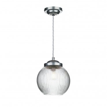 HENLEY Ceiling Pendant in Satin Chrome with Spherical Ribbed Glass Shade