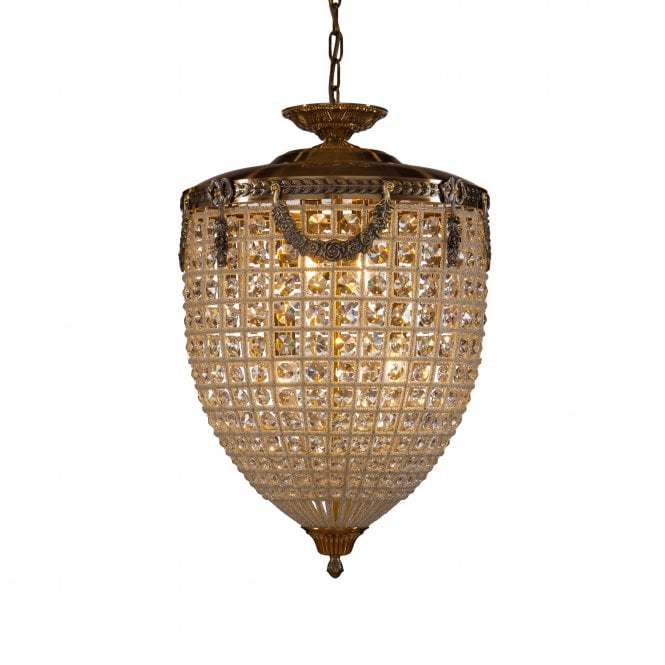 HIGHGROVE Ceiling Pendant 4 Light Antique Brass Crystal Beaded Frame with K9 Crystals