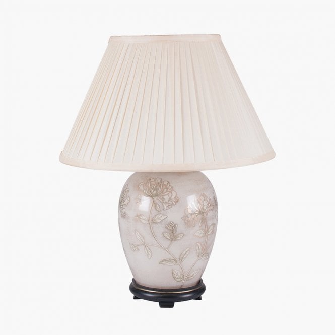 HONEYSUCKLE Dist Gold and White Medium Oval Table Lamp with Silk Knife Pleat Balloon Lined Almond Shade 40cm