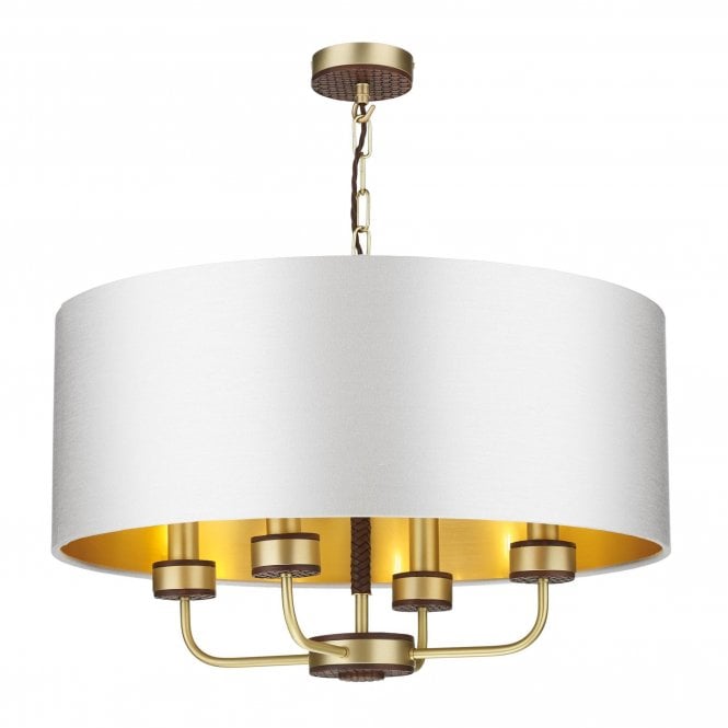 HUNTER 4 light Ceiling Pendant, Butter Brass, Woven Leather Effect and Wraparound Drum Shade in Swan Satin