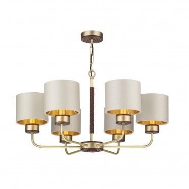 HUNTER 6 light Ceiling Pendant, Butter Brass, Woven Leather Effect with Drum Shades in Swan Satin