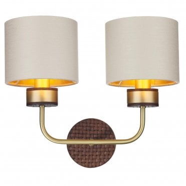 HUNTER Double Wall Light in Butter Brass with Leather Effect Detailing and Swan Satin Drum Shades