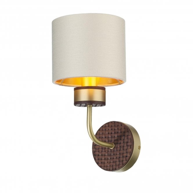 HUNTER Wall Light in Butter Brass with Leather Effect Detailing and Swan Satin Drum Shade
