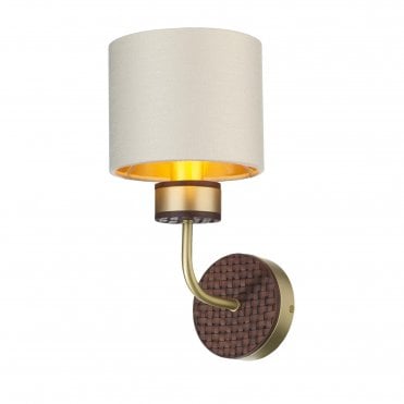 HUNTER Wall Light in Butter Brass with Leather Effect Detailing and Swan Satin Drum Shade