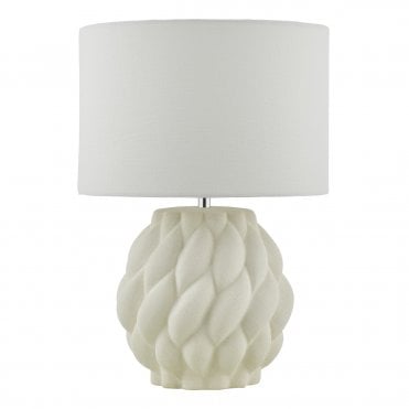 white ceramic table lamp with mock braided pattern and linen drum shade
