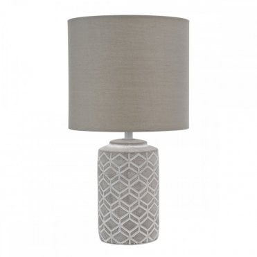 Ilona Grey Ceramic Table Lamp with Geometric Textured Base and Grey Cotton Drum Shade – Lighting and Lights