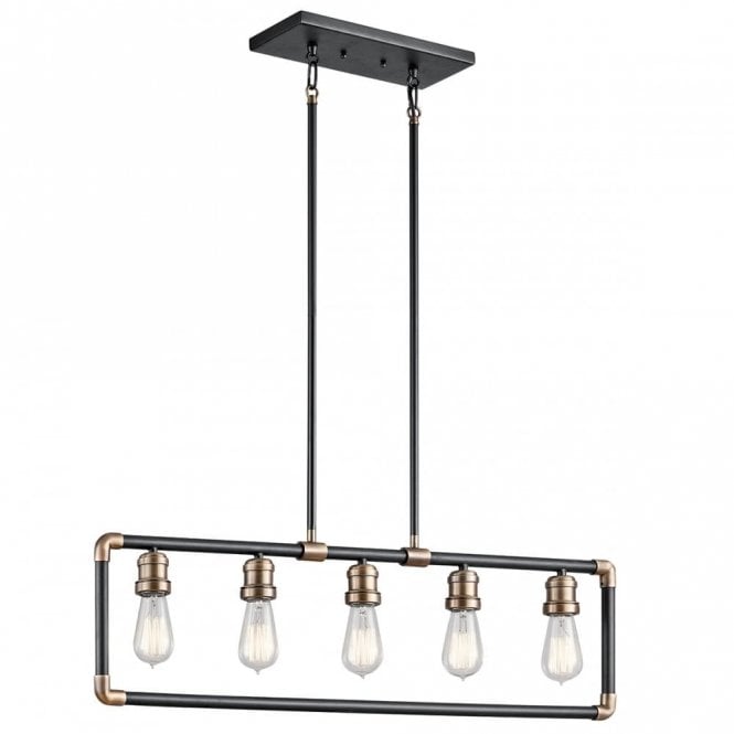 IMAHN Industrial 5 Light Ceiling Pendant Black and Natural Brass Pipe