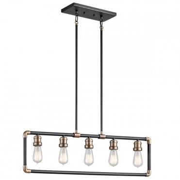 IMAHN Industrial 5 Light Ceiling Pendant Black and Natural Brass Pipe