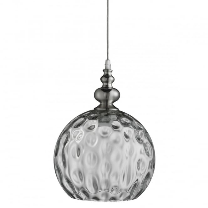 INDIANA - Globe Ceiling Pendant Satin Silver Clear Dimp LED Glass