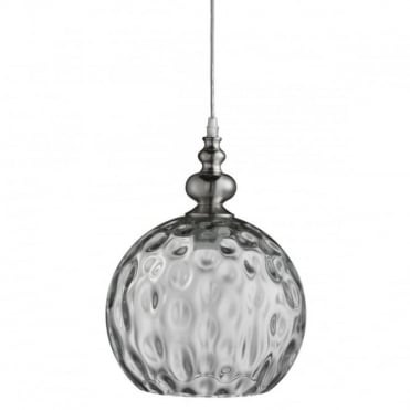 INDIANA - Globe Ceiling Pendant Satin Silver Clear Dimp LED Glass