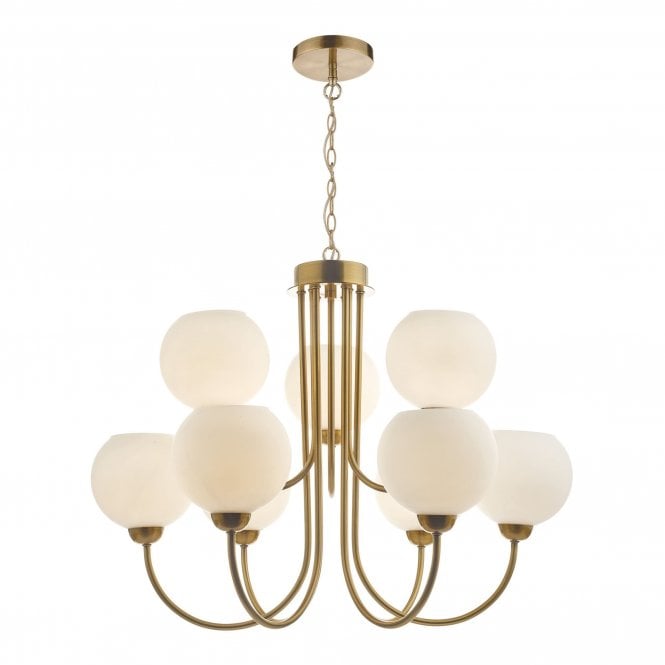 INDRA 9 Light Ceiling Pendant Natural Brass With Opal Glass Globe Shades
