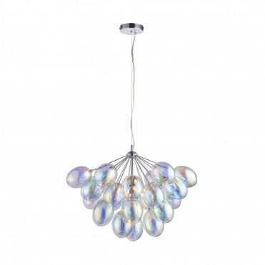 INFINITY 6 Light Ceiling Pendant Chrome with Iridescent, Dichroic Glass Shades